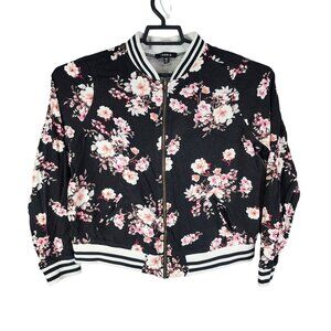 Womens Black & Pink Torrid Floral Bomber Jacket Full Zip 100% Rayon Size 00